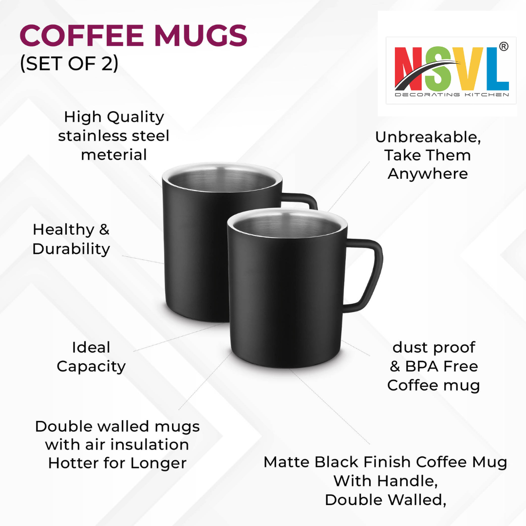 NSVL Black Coated Premium Double Wall Coffee Mug, Set of 2 | Tea Cup with Handle and Flat Base