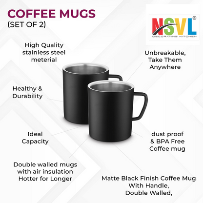 NSVL Black Coated Premium Double Wall Coffee Mug, Set of 2 | Tea Cup with Handle and Flat Base