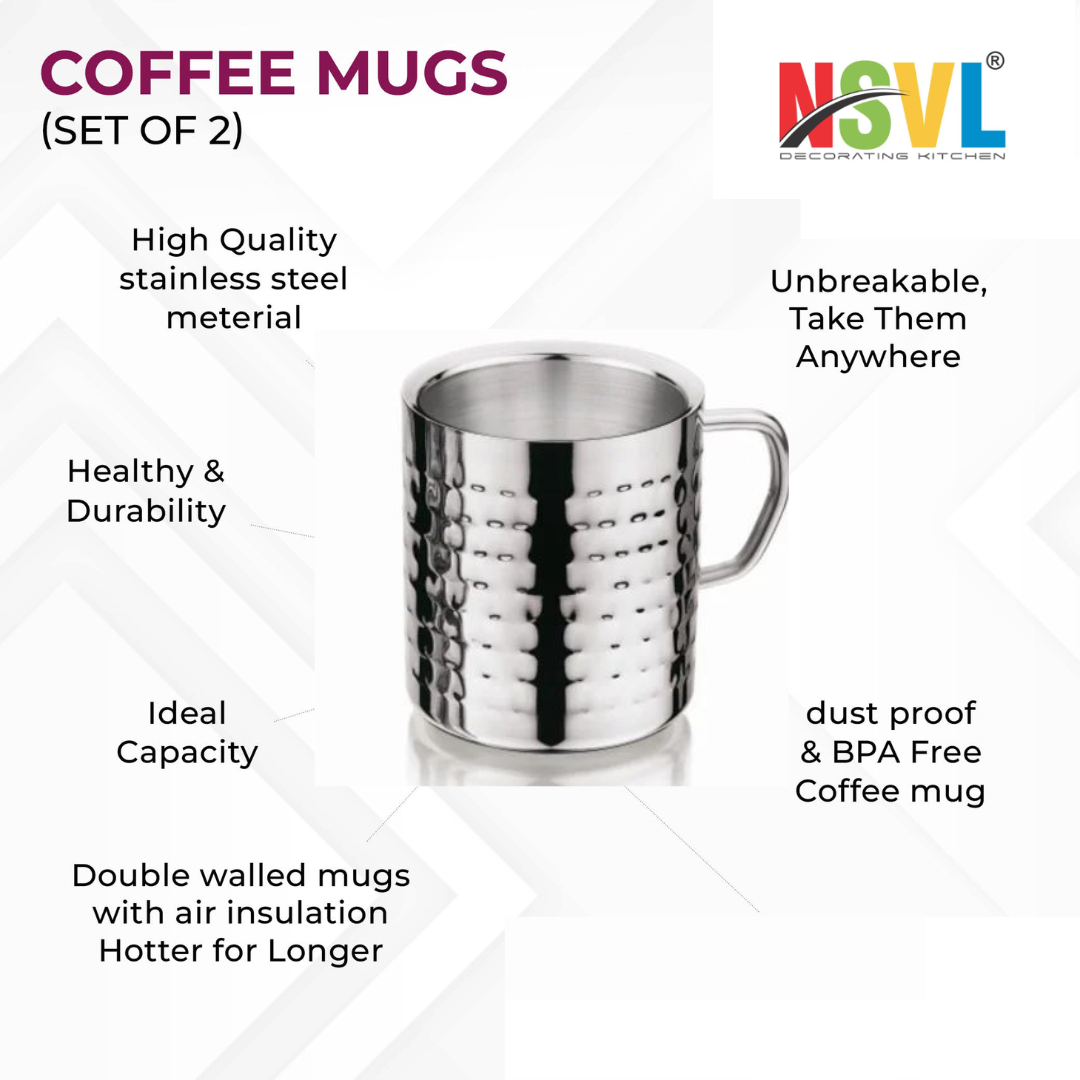 NSVL Hammered Design Premium Double Wall Coffee Mug, Set of 2 | Tea Cup with Handle and Flat Base