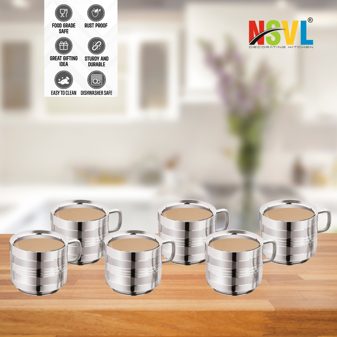 Nsvl 100% Stainless Steel Tea Cups Set of 6 Pcs | Double Wall Tea & Coffee Cups | Mirror Finish Cups | Line Design, Break Resistant