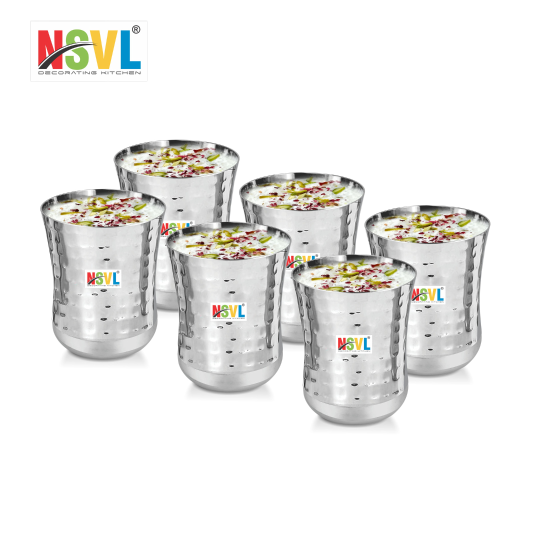 Nsvl Stainless Steel Hammered Finish Drinking Glasses for Home, Restaurants, Office Capacity 300ml - Set of 6 (DAMRU Hammered)