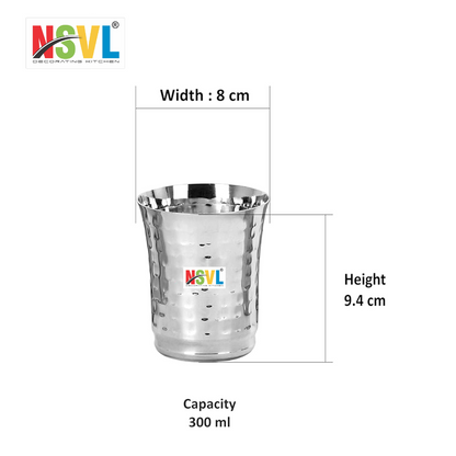 Nsvl Stainless Steel Hammered Finish Drinking Glasses for Home, Restaurants, Office Capacity 300ml - Set of 6 (DAMRU PLAIN)