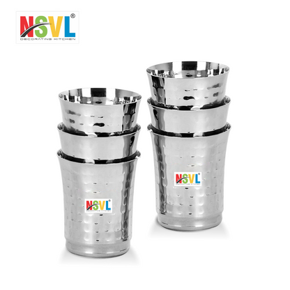 Nsvl Stainless Steel Hammered Finish Drinking Glasses for Home, Restaurants, Office Capacity 300ml - Set of 6 (DAMRU PLAIN)