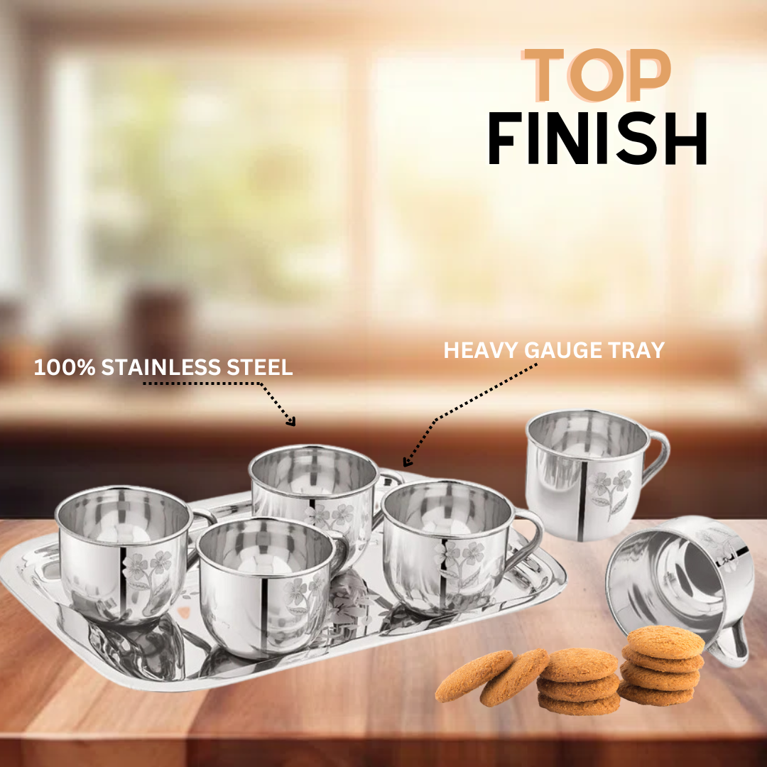 Pack of 7 Stainless Steel Stainless Steel Tea & Coffee Set (6 PCs Cups with Tray) 130ml  (Silver)