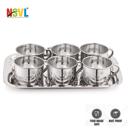 Pack of 7 Stainless Steel Stainless Steel Tea & Coffee Set (6 PCs Cups with Tray) 130ml  (Silver)