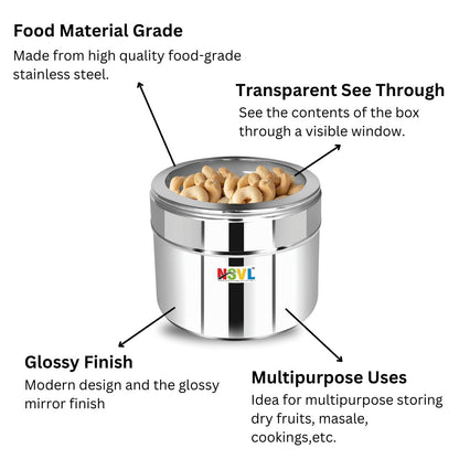 Nsvl Stainless Steel Multipurpose Kitchen Containers With See Through Lid Snacks Box/Dryfruit Box | Masala/Spice Box | 400Ml Each