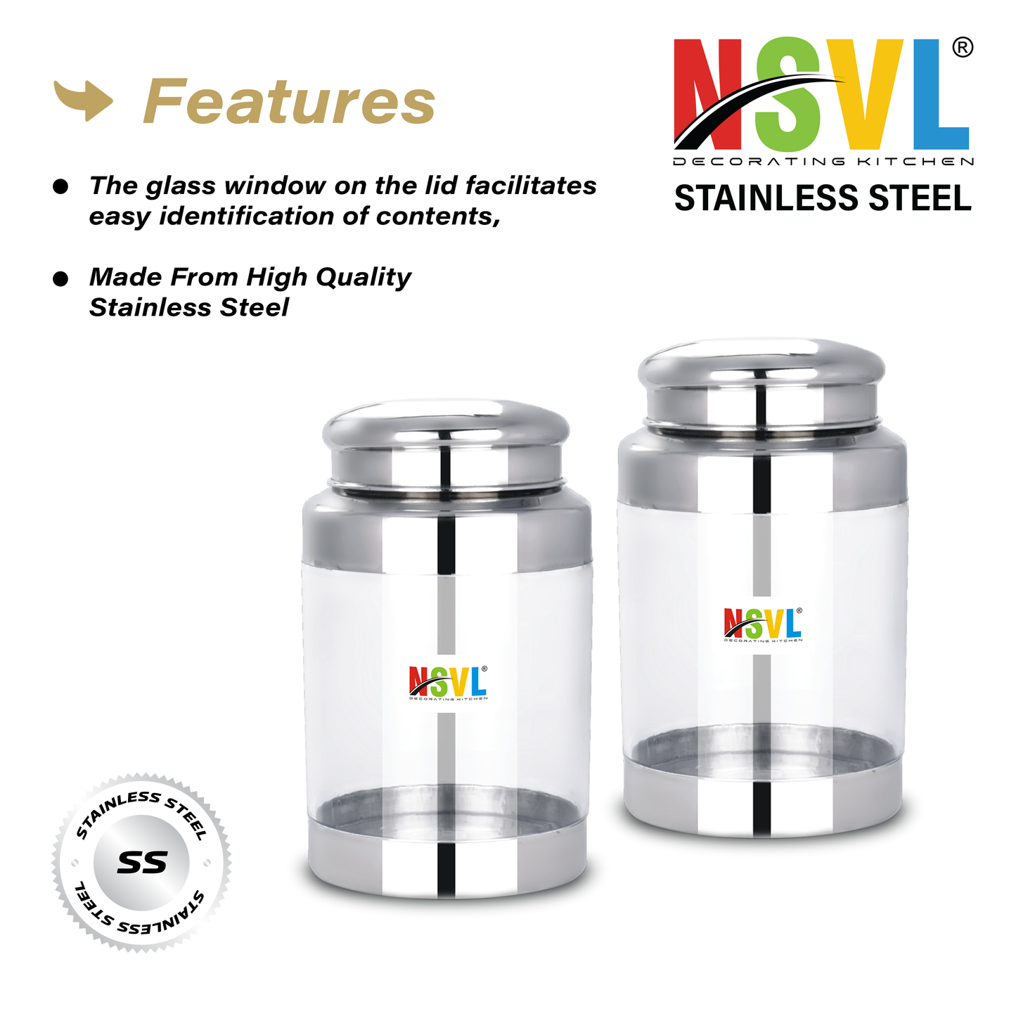 NSVL Stainless Steel Barni See Through Airtight Containers For Masala Box, Dry Fruit Jars, Kitchen Container, Storage Box, 800 Ml - Set Of 2, Silver