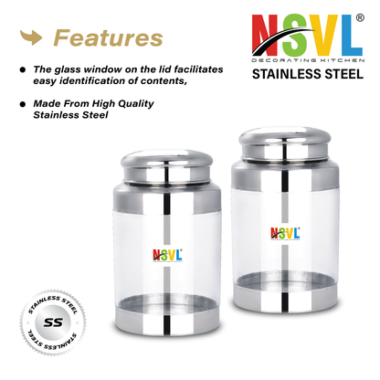 NSVL Stainless Steel Barni See Through Airtight Containers For Masala Box, Dry Fruit Jars, Kitchen Container, Storage Box, 800 Ml - Set Of 2, Silver