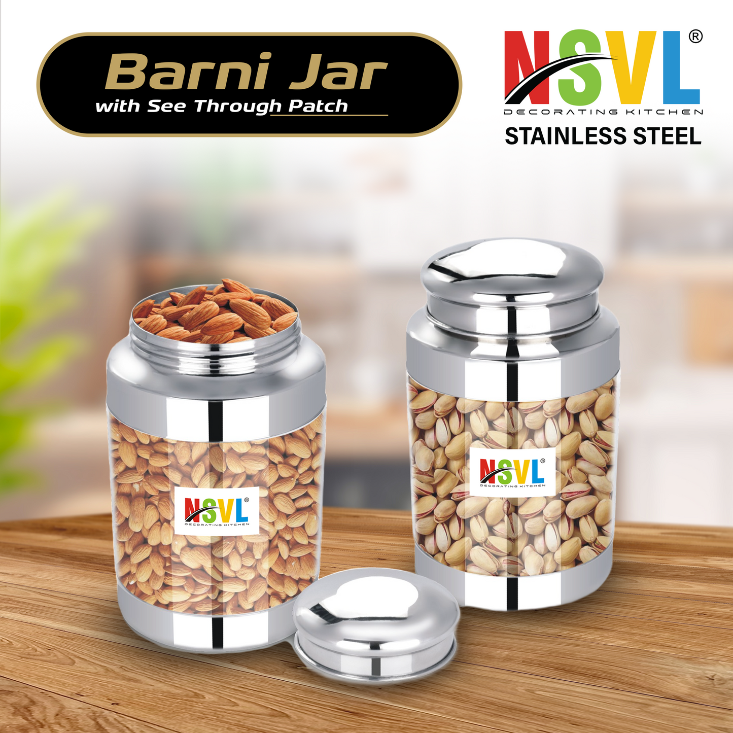 NSVL Stainless Steel Barni See Through Airtight Containers For Masala Box, Dry Fruit Jars, Kitchen Container, Storage Box, 800 Ml - Set Of 2, Silver