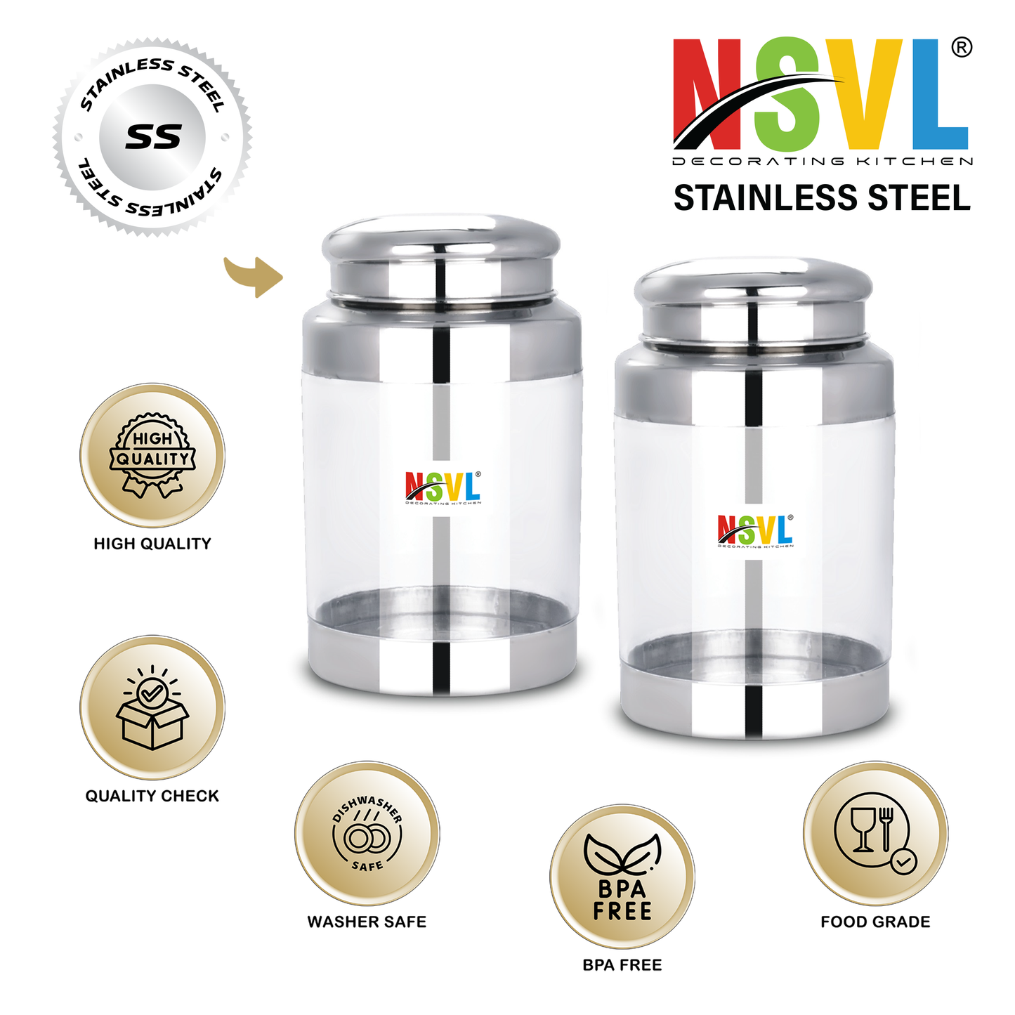 NSVL Stainless Steel Barni See Through Airtight Containers For Masala Box, Dry Fruit Jars, Kitchen Container, Storage Box, 800 Ml - Set Of 2, Silver