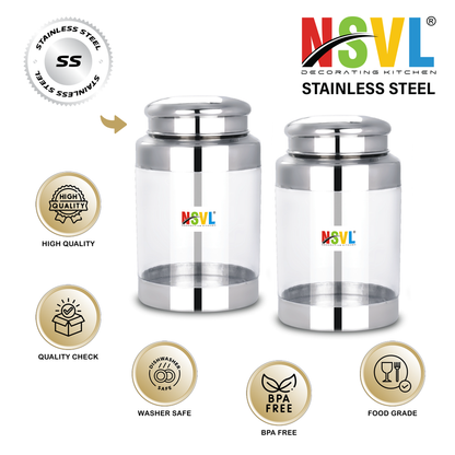 NSVL Stainless Steel Barni See Through Airtight Containers For Masala Box, Dry Fruit Jars, Kitchen Container, Storage Box, 800 Ml - Set Of 2, Silver