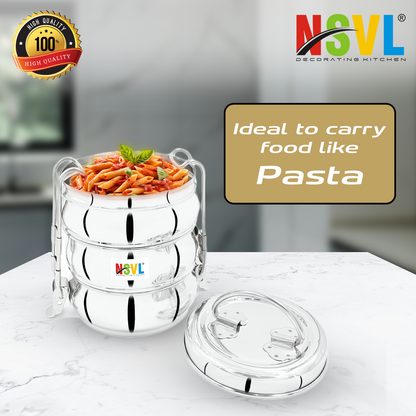 NSVL Stainless Steel 3 Compartment Lunch Box/Tiffin with Insulated Pouch 11 Cm Belly (1150ML, Silver)
