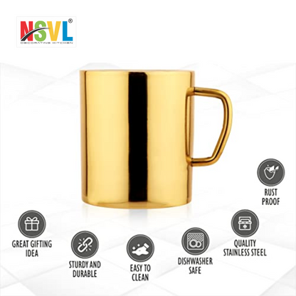 NSVL Gold Plated Premium Double Wall Coffee Mug, Set of 2 | Tea Cup with Handle and Flat Base