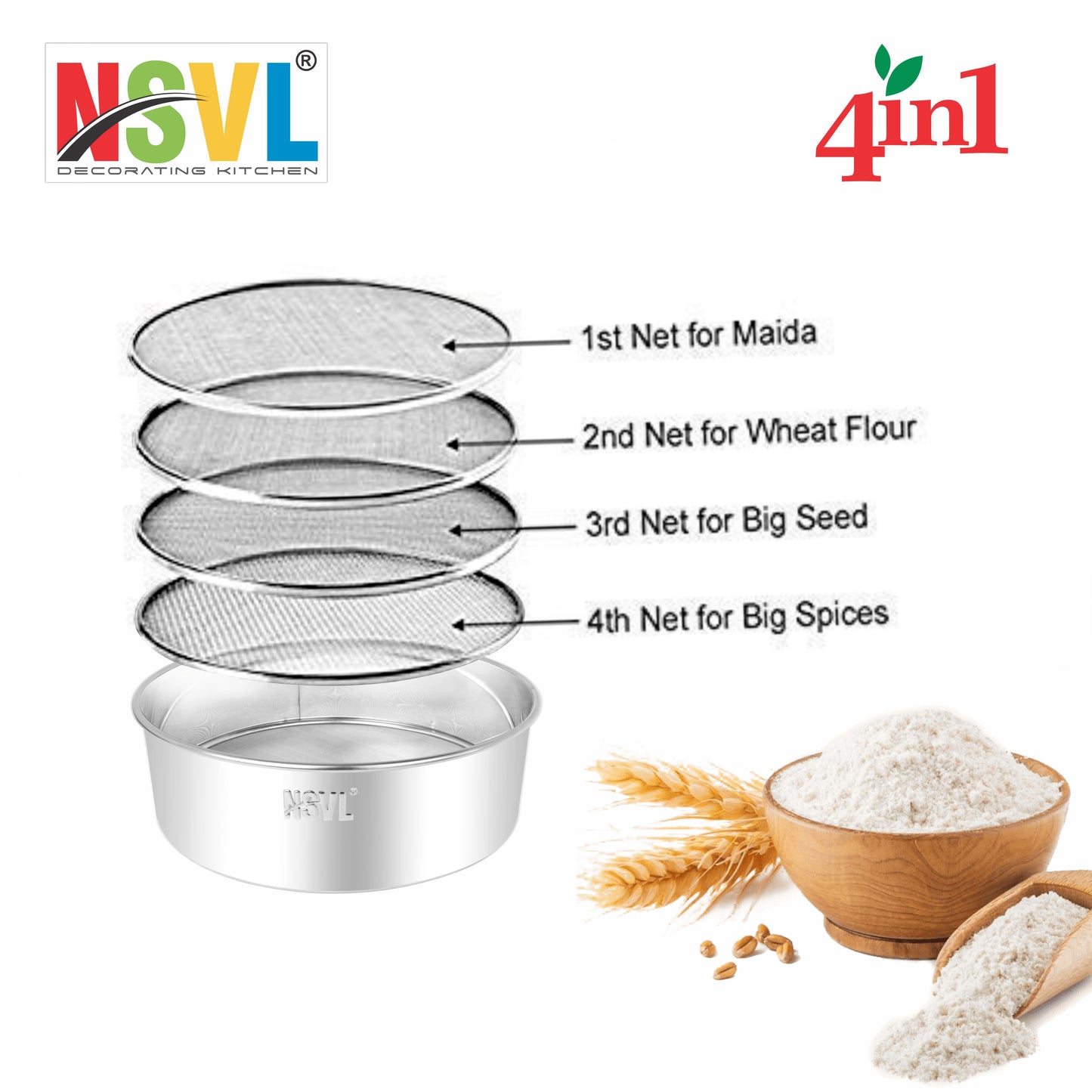 NSVL 4 in 1 Stainless Steel Interchangeable Sieve Set of 5 Flour Chalni Spices Food Strainers Atta Chalni  Atta Maida Strainer