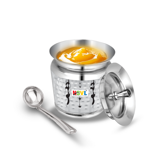 Nsvl Stainless Steel Multipurpose Ghee Pot/Pickle Container, 310 ml, With Spoon, (Hammered Design)