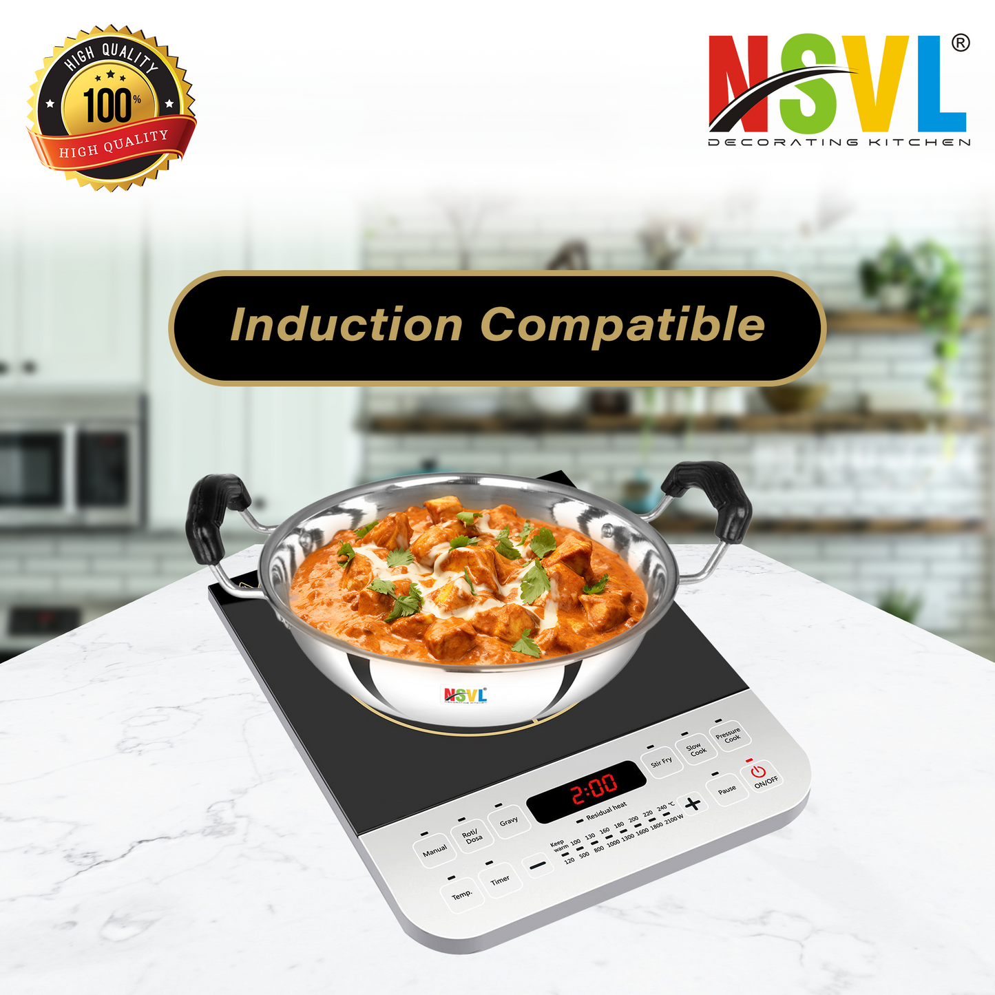 Nsvl Stainless Steel Induction Bottom (flat Bottom) Induction & Gas Stove Friendly Kadhai Size No.12 (2 Ltr)