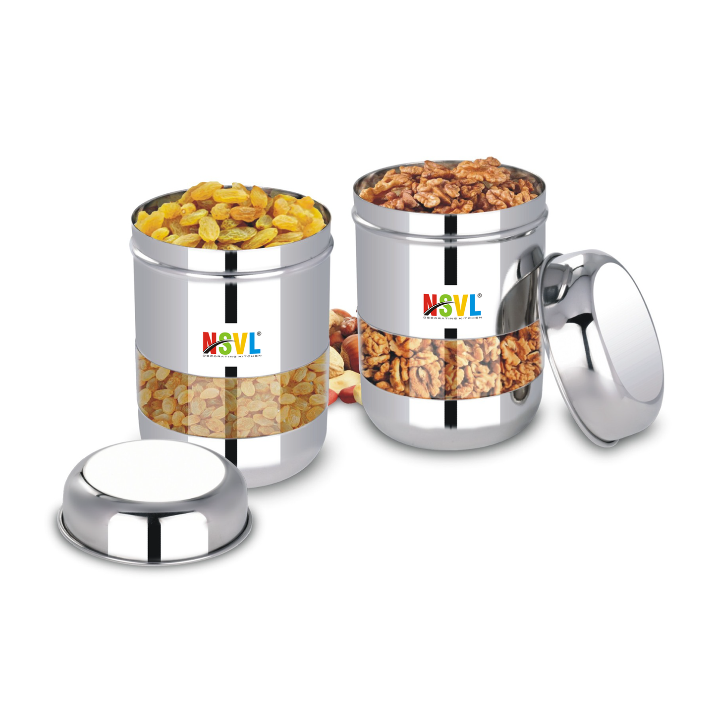 NSVL Stainless Steel Milano See Through Airtight Containers For Masala Box, Dry Fruit Jars, Kitchen Container, Storage Box, 800 Ml - Set Of 2, Silver