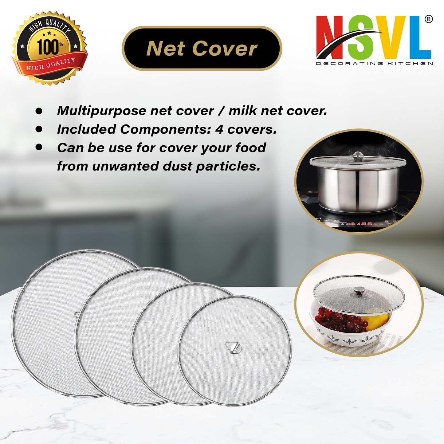NSVL 4 PC Kitchen Tools Food Grade Multipurpose Stainless Steel Net Cover/Food Cover/Milk Cover/Milk Jali/Fruit Cover with Knob in Stainless Steel Single MESH