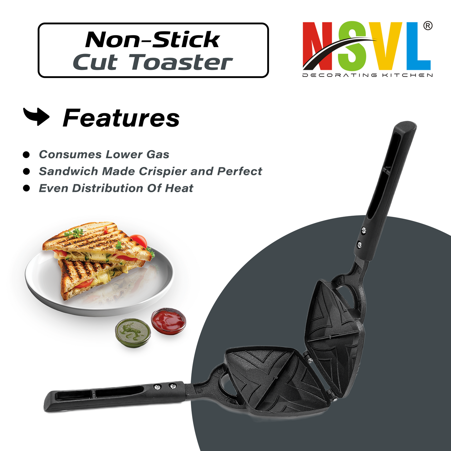 NSVL Cut Gas Sandwich Toaster - Nonstick Grill, Stay-Cool Handles. Perfect for Cut Crispy Sandwich Maker
