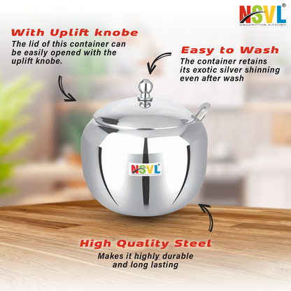 Nsvl Stainless Steel Multipurpose Ghee Pot/Pickle Container, 310 ml, With Spoon,(Orange Design)