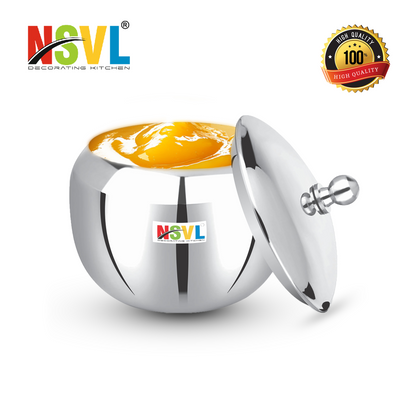 Nsvl Stainless Steel Multipurpose Ghee Pot/Pickle Container, 310 ml, With Spoon,(Orange Design)