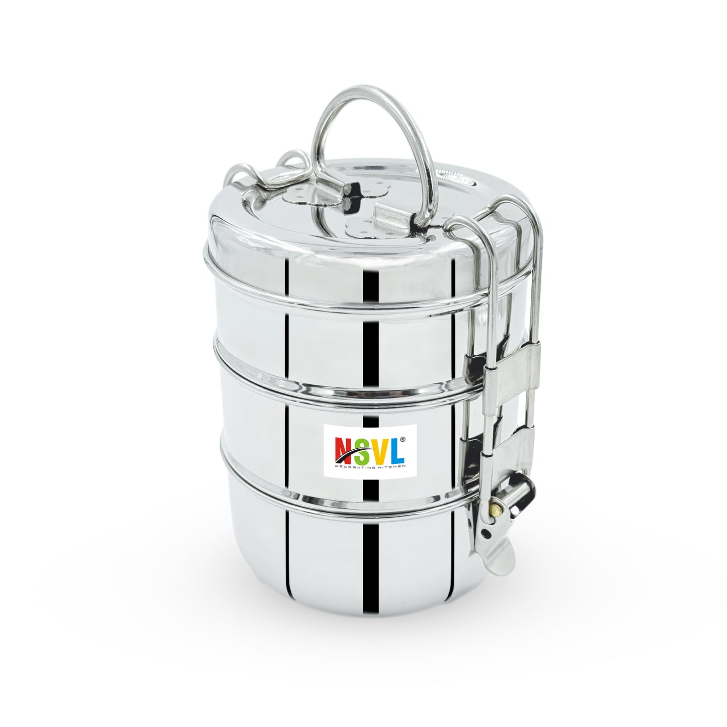 NSVL Stainless Steel 3 Compartment Lunch Box/Tiffin with Insulated Pouch 11 Cm Plain (1150ML, Silver)