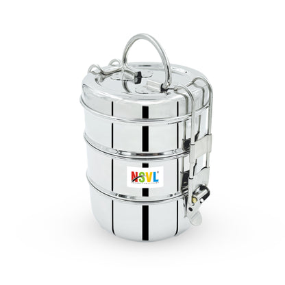 NSVL Stainless Steel 3 Compartment Lunch Box/Tiffin with Insulated Pouch 11 Cm Plain (1150ML, Silver)