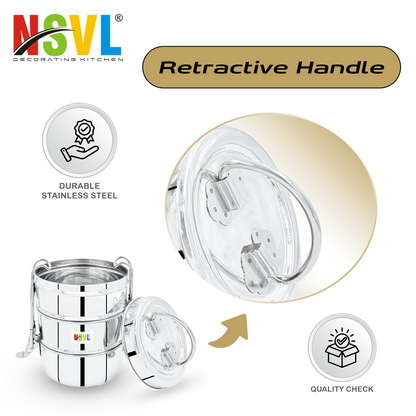 NSVL Stainless Steel 3 Compartment Lunch Box/Tiffin with Insulated Pouch 11 Cm Plain (1150ML, Silver)