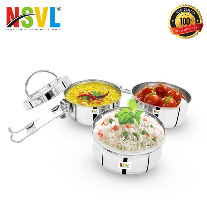 NSVL Stainless Steel 3 Compartment Lunch Box/Tiffin with Insulated Pouch 11 Cm Plain (1150ML, Silver)