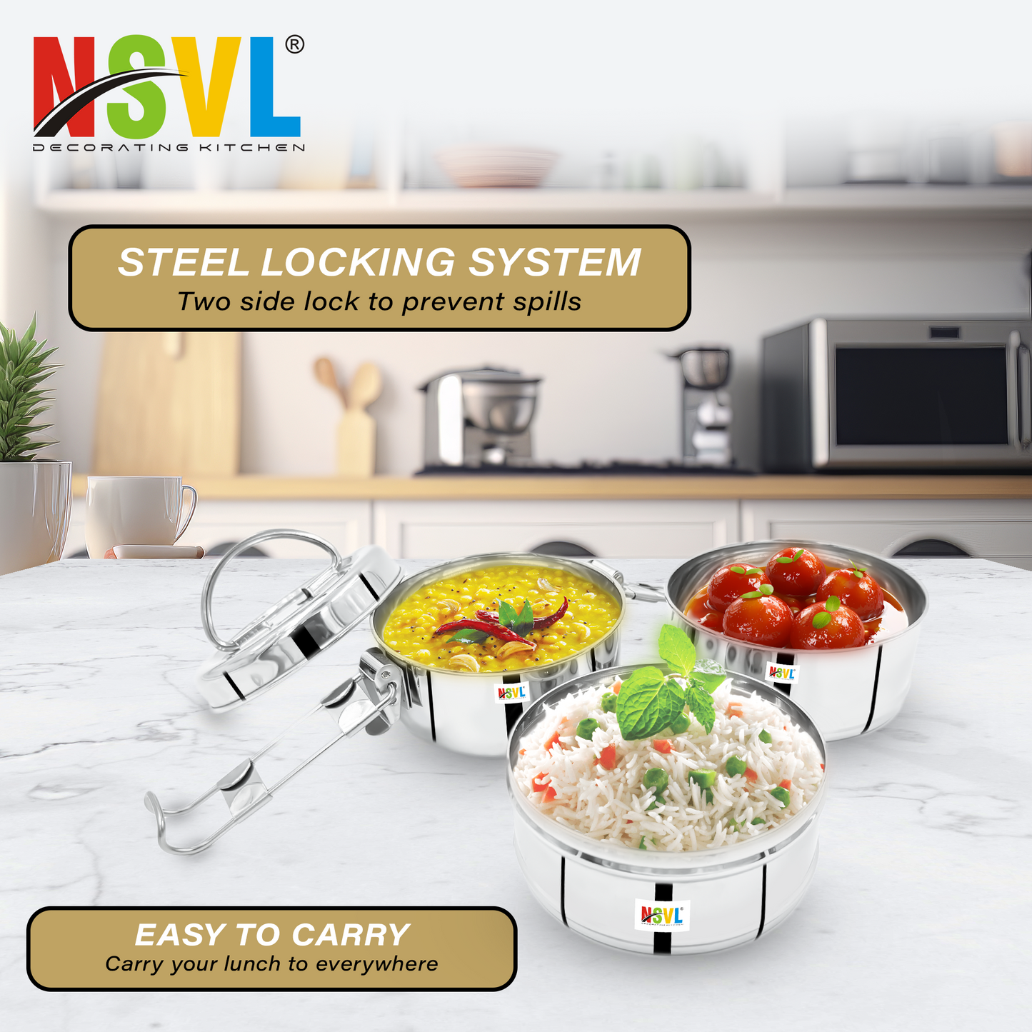 NSVL Stainless Steel 3 Compartment Lunch Box/Tiffin with Insulated Pouch 11 Cm Plain (1150ML, Silver)