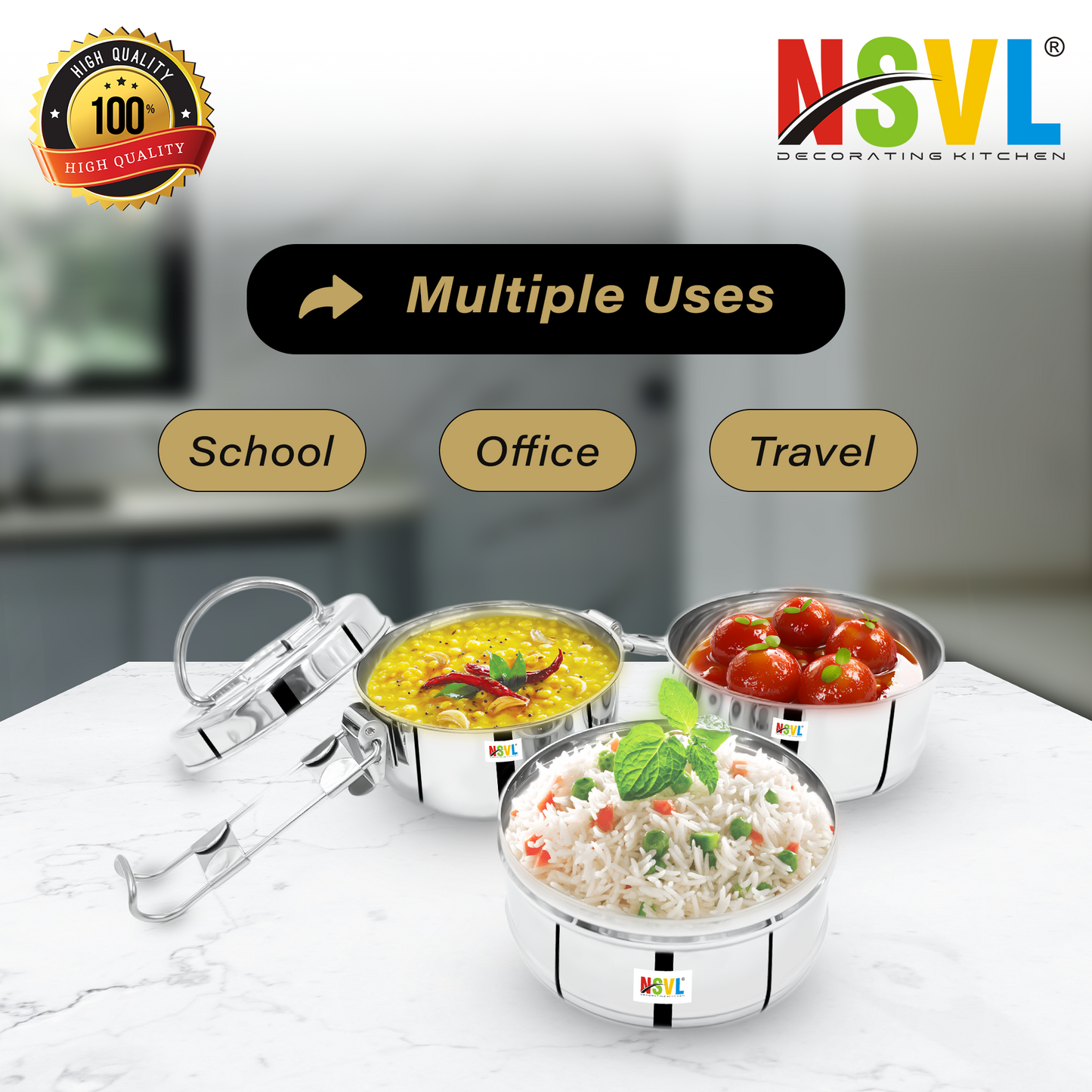 NSVL Stainless Steel 3 Compartment Lunch Box/Tiffin with Insulated Pouch 11 Cm Plain (1150ML, Silver)