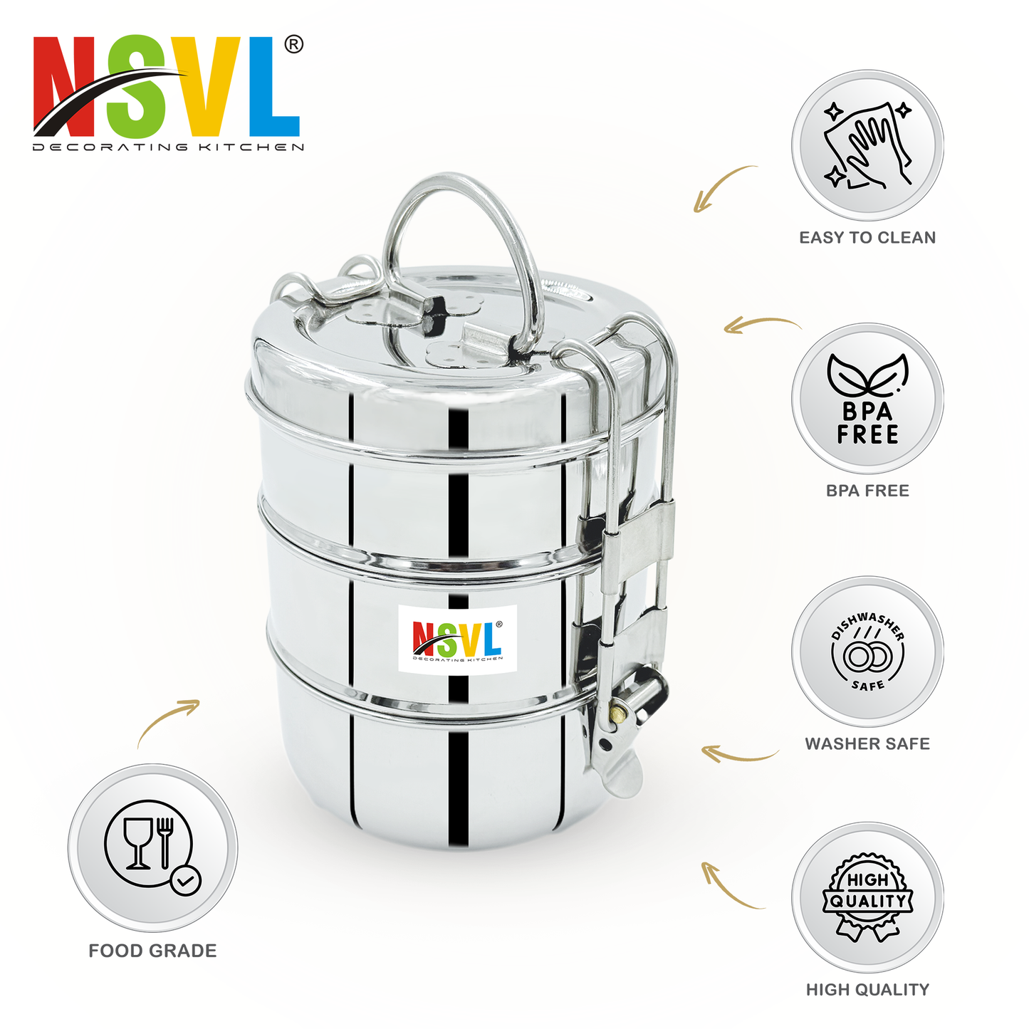 NSVL Stainless Steel 3 Compartment Lunch Box/Tiffin with Insulated Pouch 11 Cm Plain (1150ML, Silver)