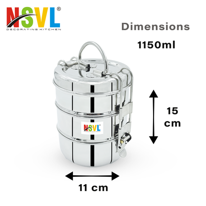 NSVL Stainless Steel 3 Compartment Lunch Box/Tiffin with Insulated Pouch 11 Cm Plain (1150ML, Silver)