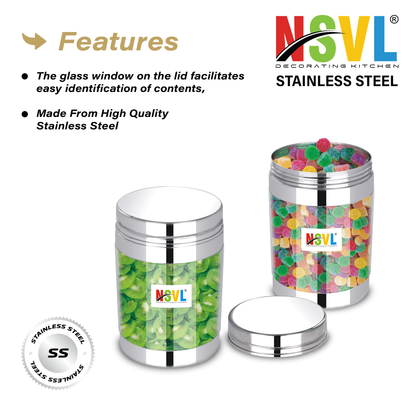 NSVL Stainless Steel Rolex See Through Airtight Containers For Masala Box, Dry Fruit Jars, Kitchen Container, Storage Box, 800 Ml - Set Of 2, Silver