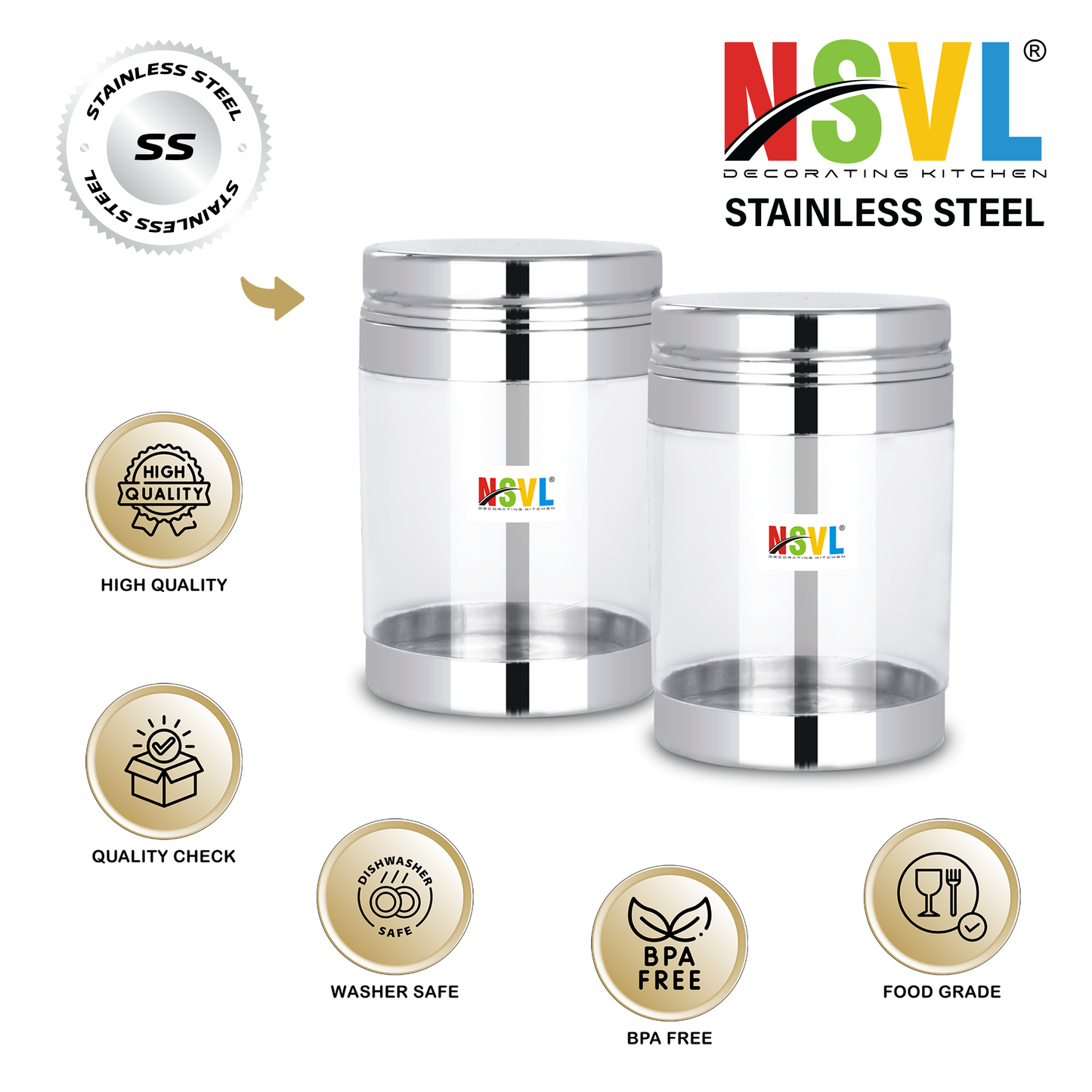 NSVL Stainless Steel Rolex See Through Airtight Containers For Masala Box, Dry Fruit Jars, Kitchen Container, Storage Box, 800 Ml - Set Of 2, Silver