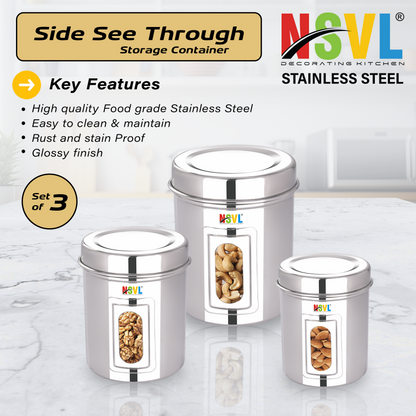 NSVL Stainless Steel See Through Dabba | 3 Size Of Dabba 1200ml , 800ml , 550 ml |Storage Container | Kitchen Container | Silver Colour Pack of 3