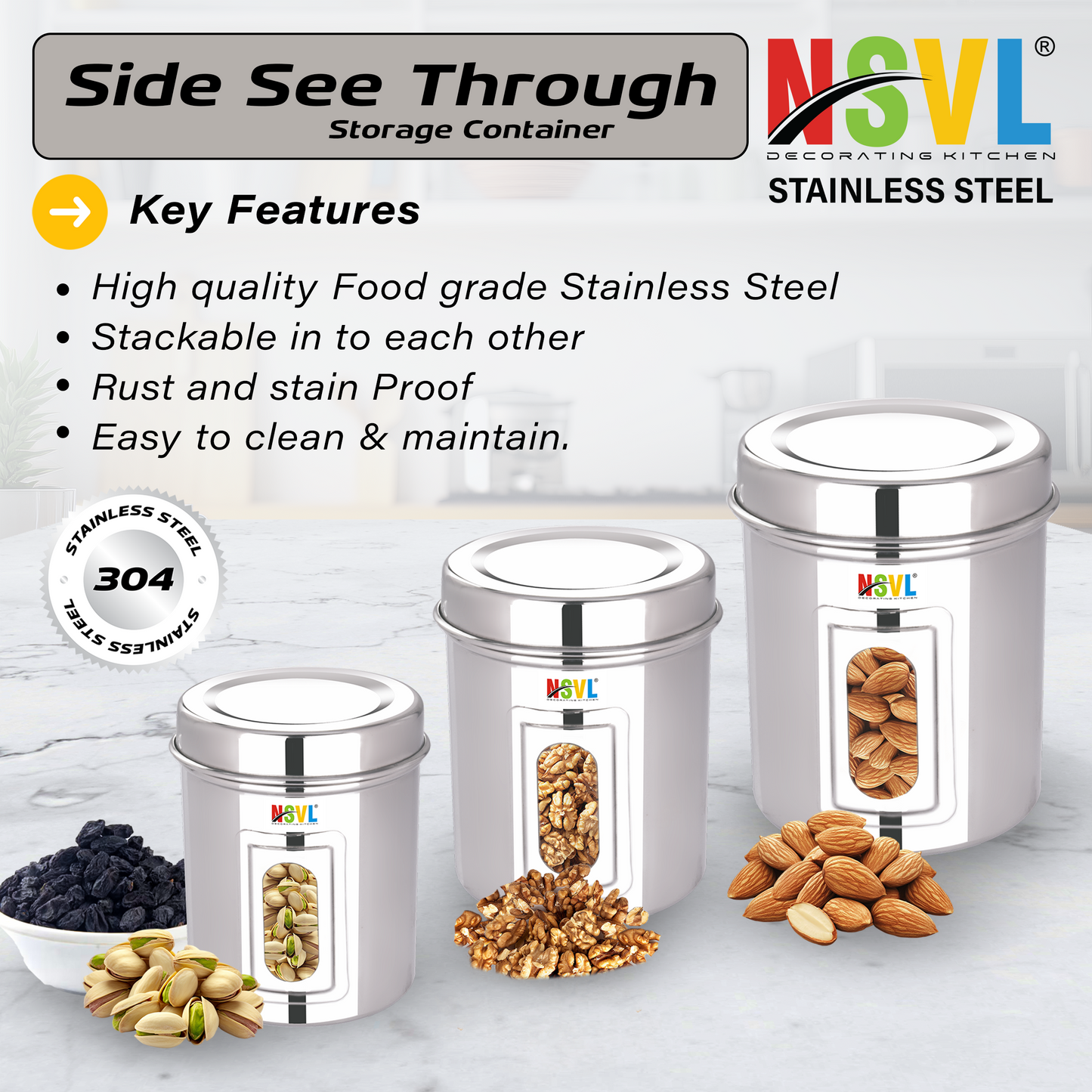 NSVL Stainless Steel Side See Through Dabba | 3 Size Of Dabba 500ml , 350ml , 200ml |Storage Container | Kitchen Container | Silver Colour Pack of 3