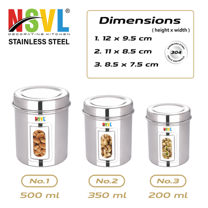 NSVL Stainless Steel Side See Through Dabba | 3 Size Of Dabba 500ml , 350ml , 200ml |Storage Container | Kitchen Container | Silver Colour Pack of 3