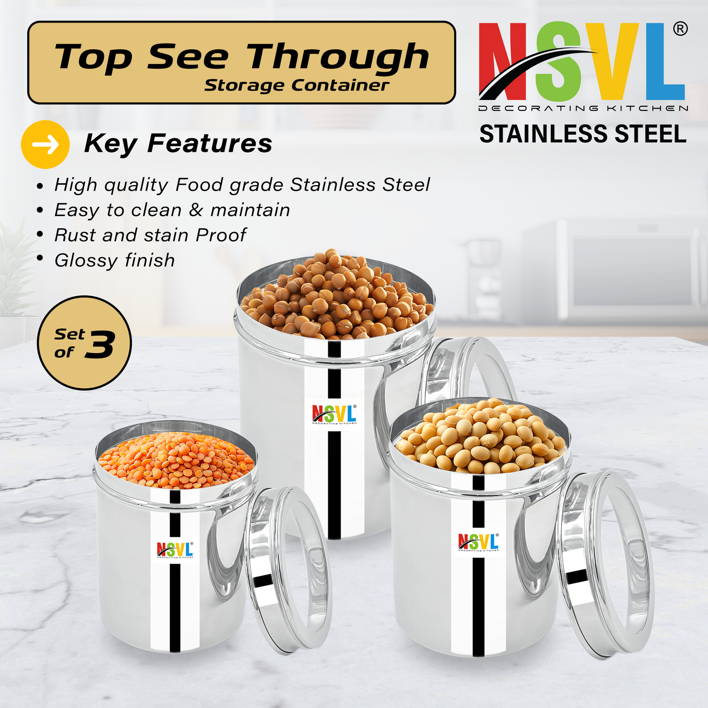 NSVL Stainless Steel See Through Dabba | 3 Size Of Dabba 1200ml , 800ml , 550 ml |Storage Container | Kitchen Container | Silver Colour Pack of 3