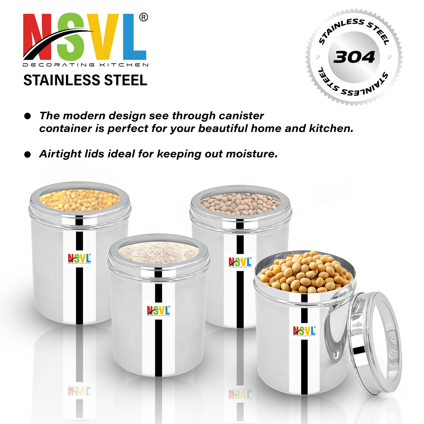 NSVL Stainless Steel Top See Through Containers for Kitchen | Mirror Polished Stainless Steel Containers With Lid and Transparent Window | Multipurpose Dabba Set for Kitchen | Pack of 4