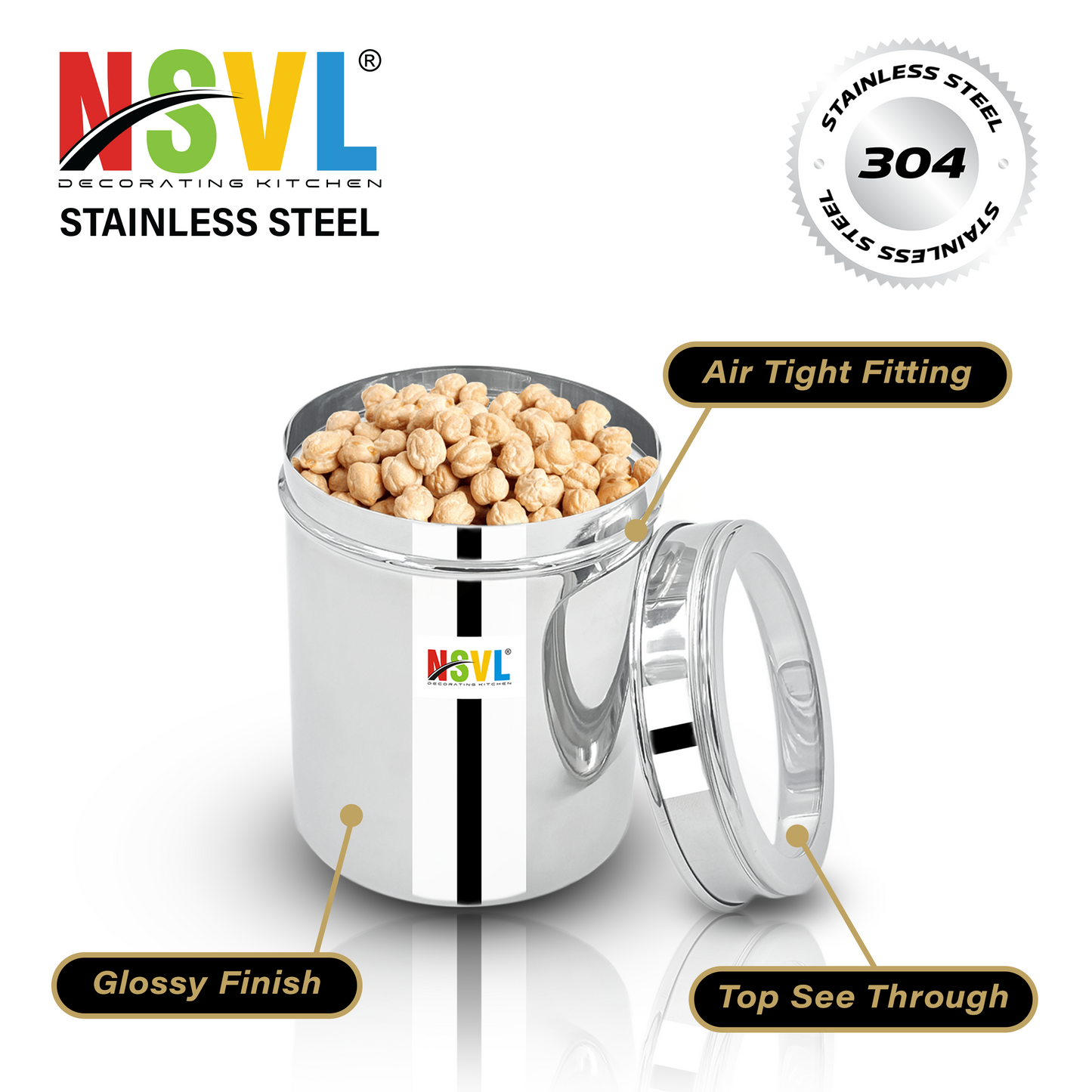 NSVL Stainless Steel Top See Through Containers for Kitchen | Mirror Polished Stainless Steel Containers With Lid and Transparent Window | Multipurpose Dabba Set for Kitchen | Pack of 4
