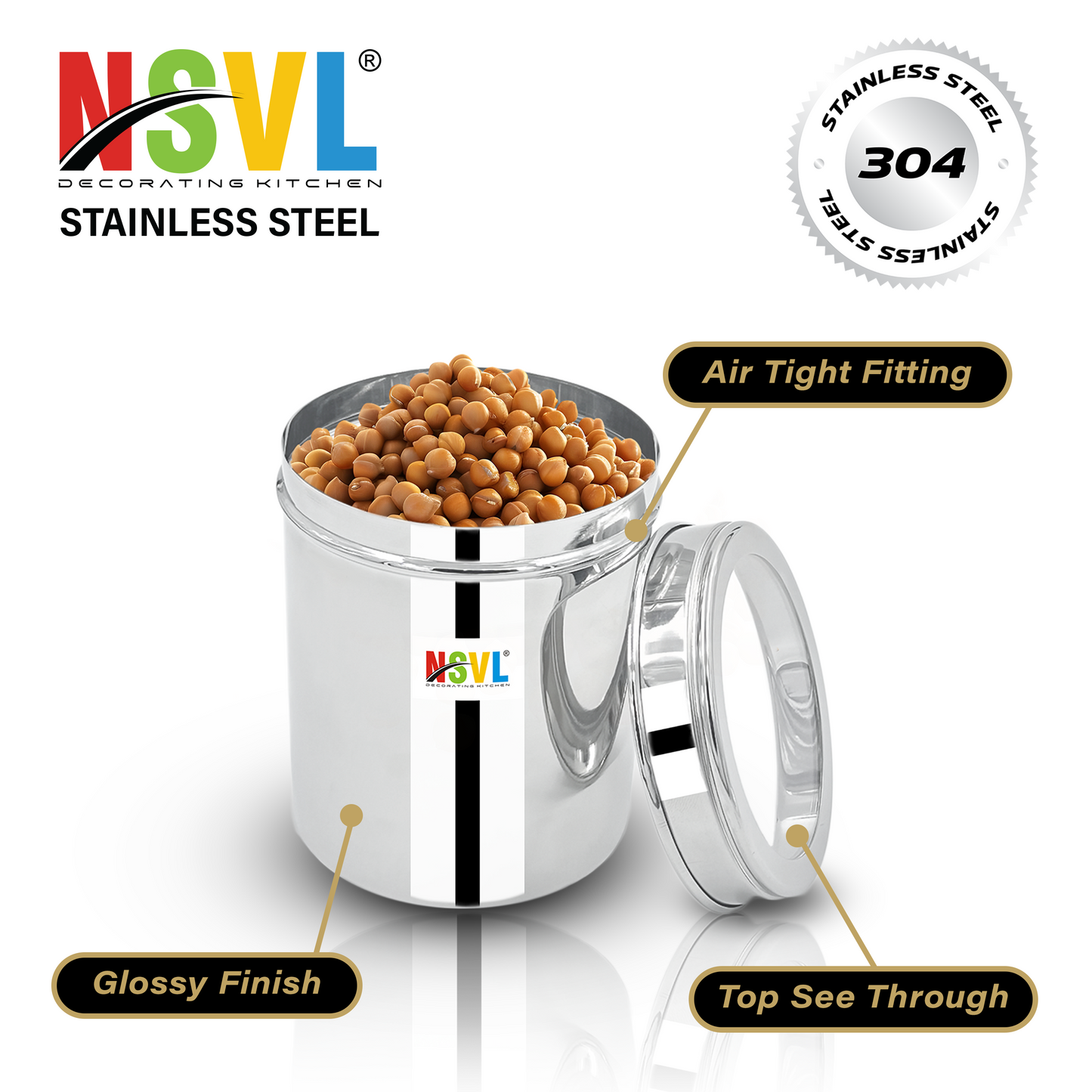 NSVL Stainless Steel Top See Through Containers for Kitchen | Mirror Polished Stainless Steel Containers With Lid and Transparent Window | Multipurpose Dabba Set for Kitchen | Pack of 4