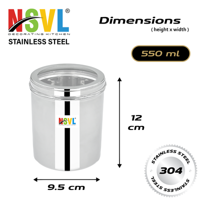 NSVL Stainless Steel Top See Through Containers for Kitchen | Mirror Polished Stainless Steel Containers With Lid and Transparent Window | Multipurpose Dabba Set for Kitchen | Pack of 4