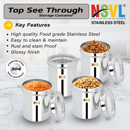 NSVL Stainless Steel Top See Through Containers for Kitchen | Mirror Polished Stainless Steel Containers With Lid and Transparent Window | Multipurpose Dabba Set for Kitchen | Pack of 4