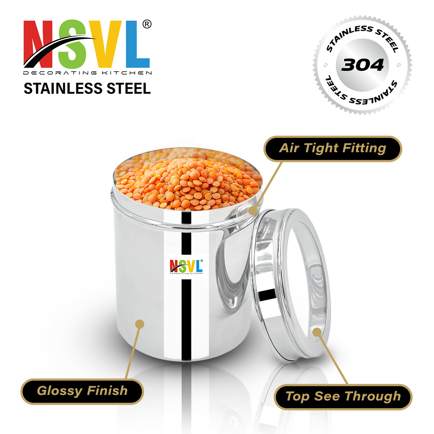 NSVL Stainless Steel Top See Through Containers for Kitchen | Mirror Polished Stainless Steel Containers With Lid and Transparent Window | Multipurpose Dabba Set for Kitchen | Pack of 4