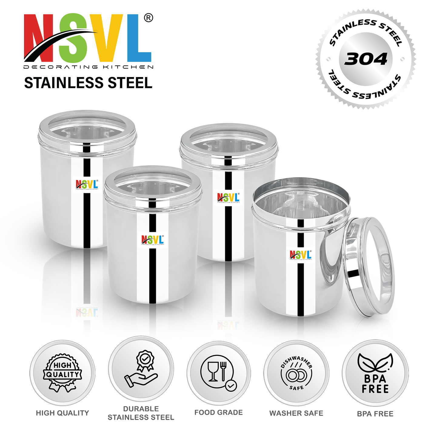 NSVL Stainless Steel Top See Through Containers for Kitchen | Mirror Polished Stainless Steel Containers With Lid and Transparent Window | Multipurpose Dabba Set for Kitchen | Pack of 4