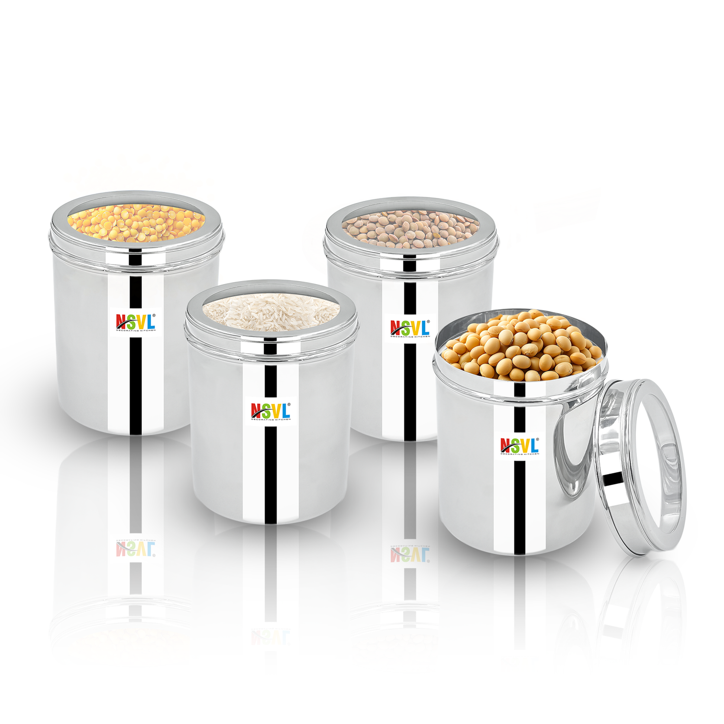 NSVL Stainless Steel Top See Through Containers for Kitchen | Mirror Polished Stainless Steel Containers With Lid and Transparent Window | Multipurpose Dabba Set for Kitchen | Pack of 4