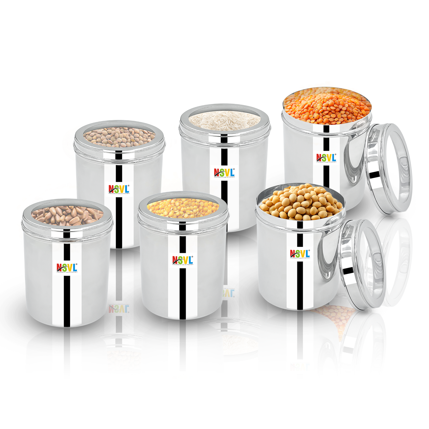NSVL Stainless Steel Top See Through Containers for Kitchen | Mirror Polished Stainless Steel Containers With Lid and Transparent Window | Multipurpose Dabba Set for Kitchen | Pack of 6