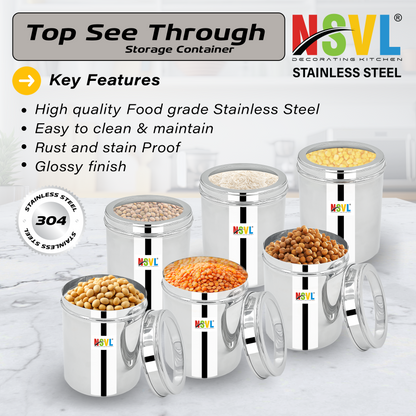 NSVL Stainless Steel Top See Through Containers for Kitchen | Mirror Polished Stainless Steel Containers With Lid and Transparent Window | Multipurpose Dabba Set for Kitchen | Pack of 6