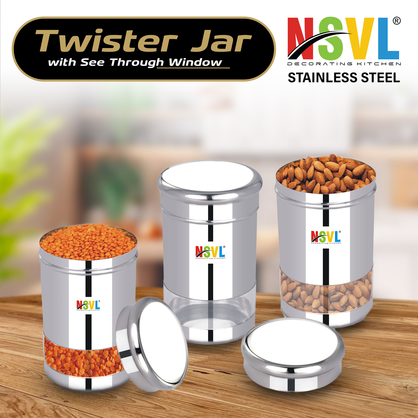 NSVL Stainless Steel Twister See Through Airtight Containers For Masala Box, Dry Fruit Jars, Kitchen Container, Storage Box, 800 Ml - Set Of 2, Silver